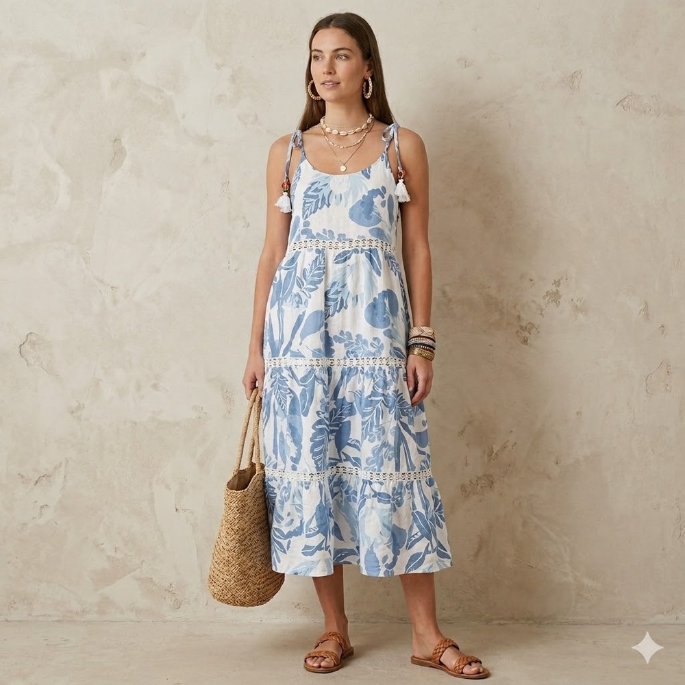 Rachel Zoe Midi Dress Womens Large Blue White Floral Linen Blend Tassel Boho